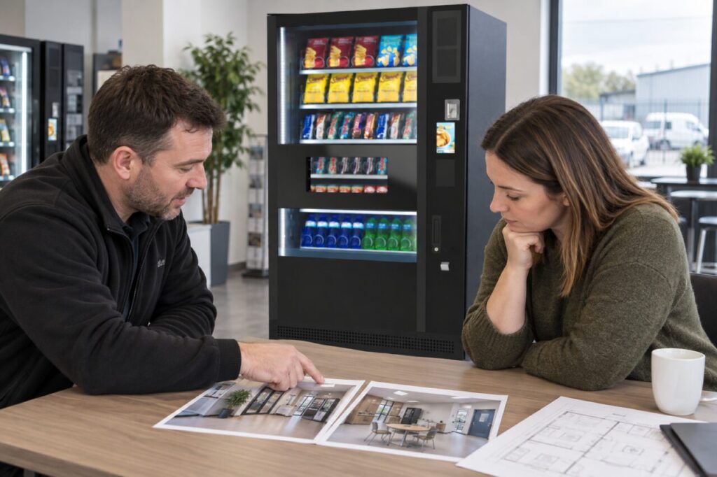 Prospective operator reviews possible sites beside a showroom vending machine