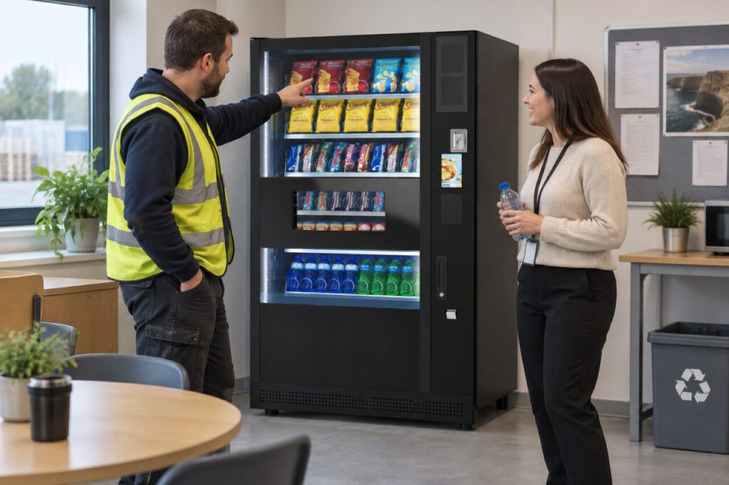 Two staff groups choose snacks and drinks from a shared workplace vending machine