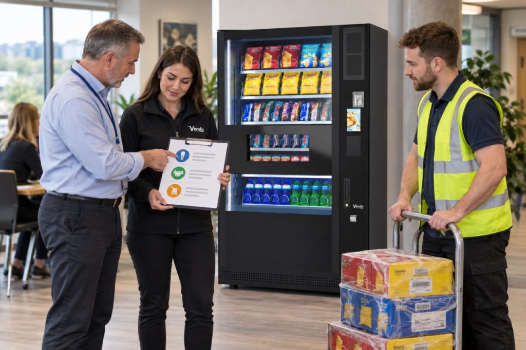 Manager, adviser and refill operator clarify vending responsibilities beside a machine