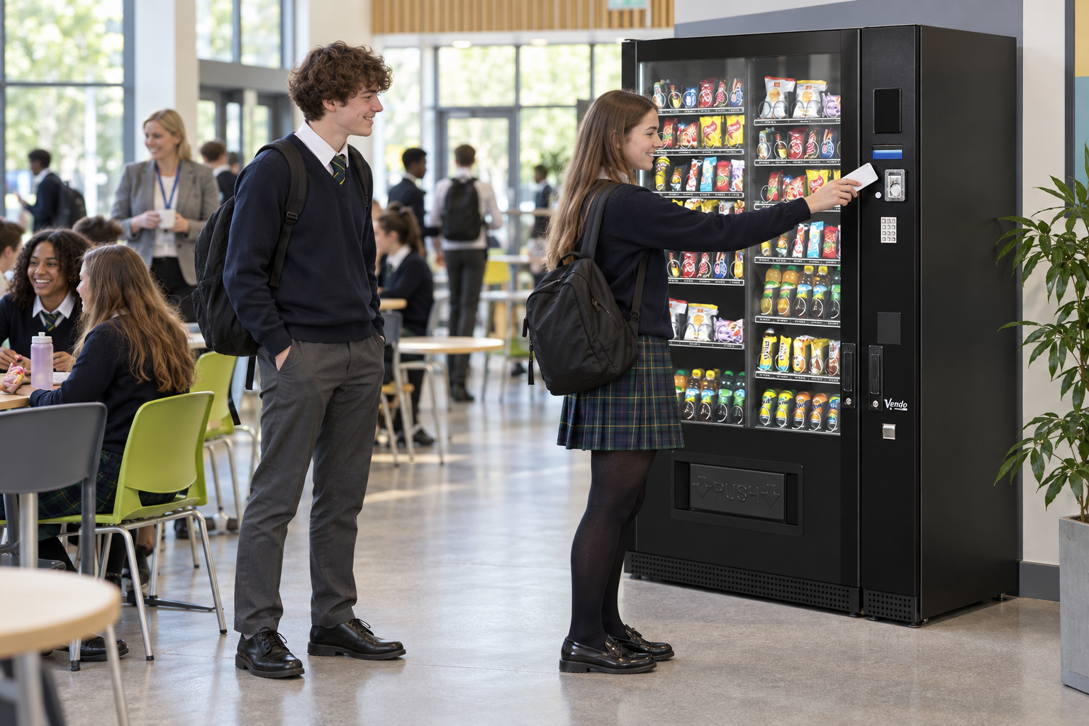 Students buying from a SandenVendo G-Snack Standard during a school lunch break