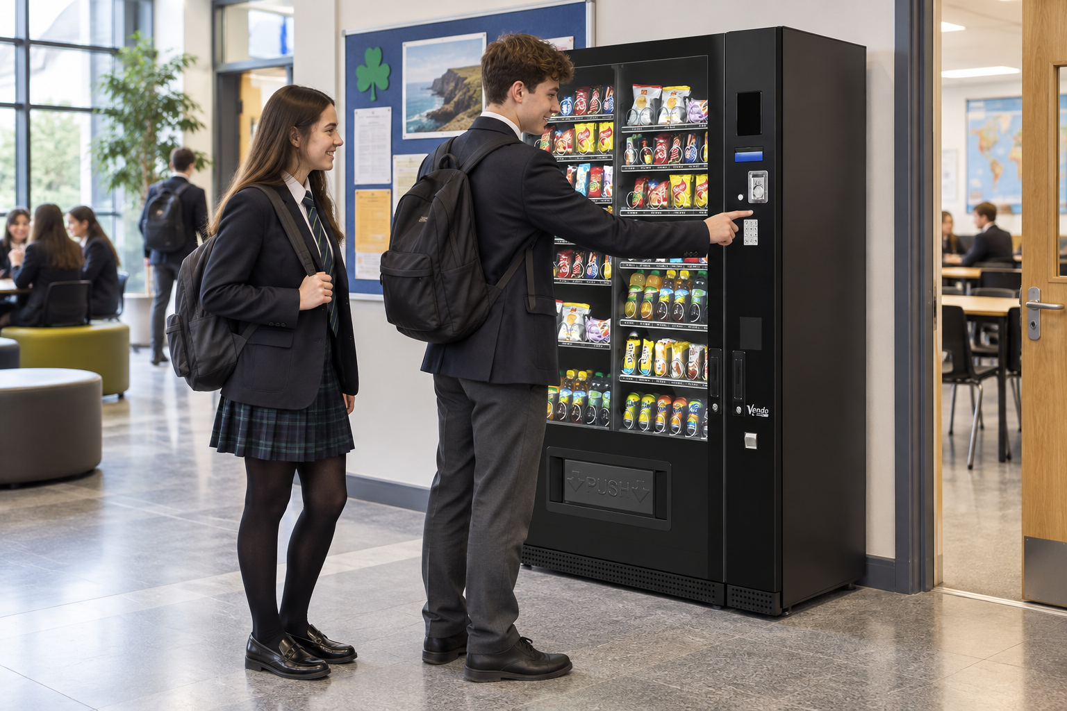 Students using a SandenVendo G-Snack Standard vending machine in a school common area
