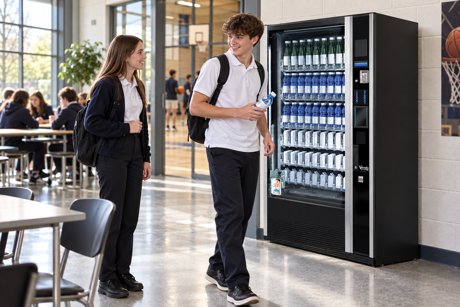 Secondary-school students with bottled water beside a SandenVendo G-Drink vending machine