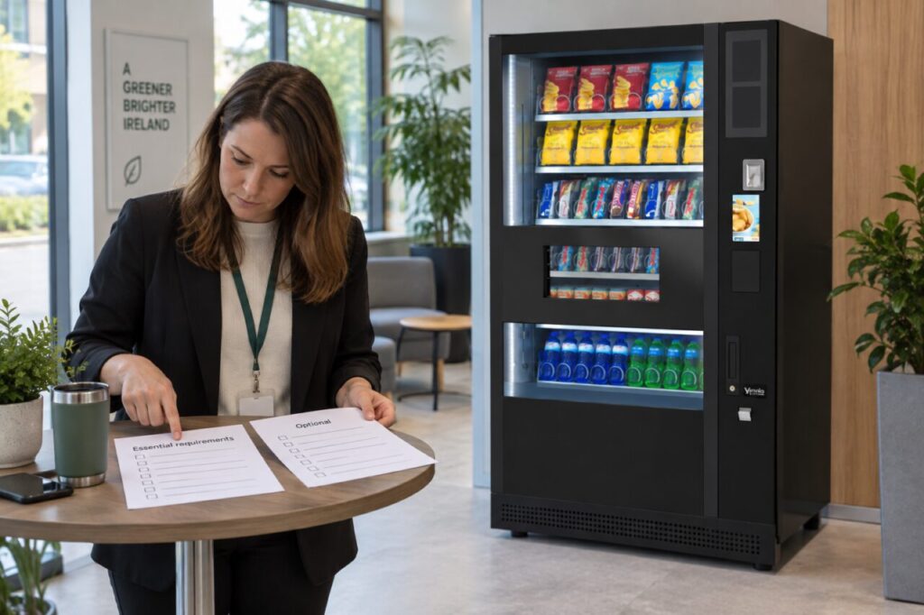 Buyer compares essential and optional requirements beside a SandenVendo vending machine