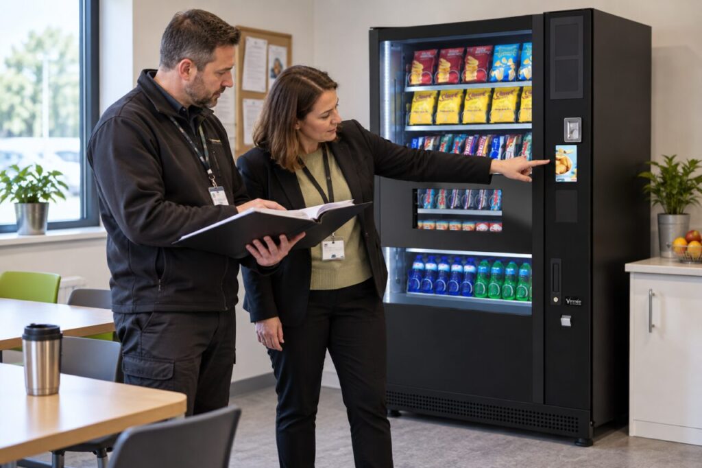 Incoming and outgoing site managers review a vending service handover