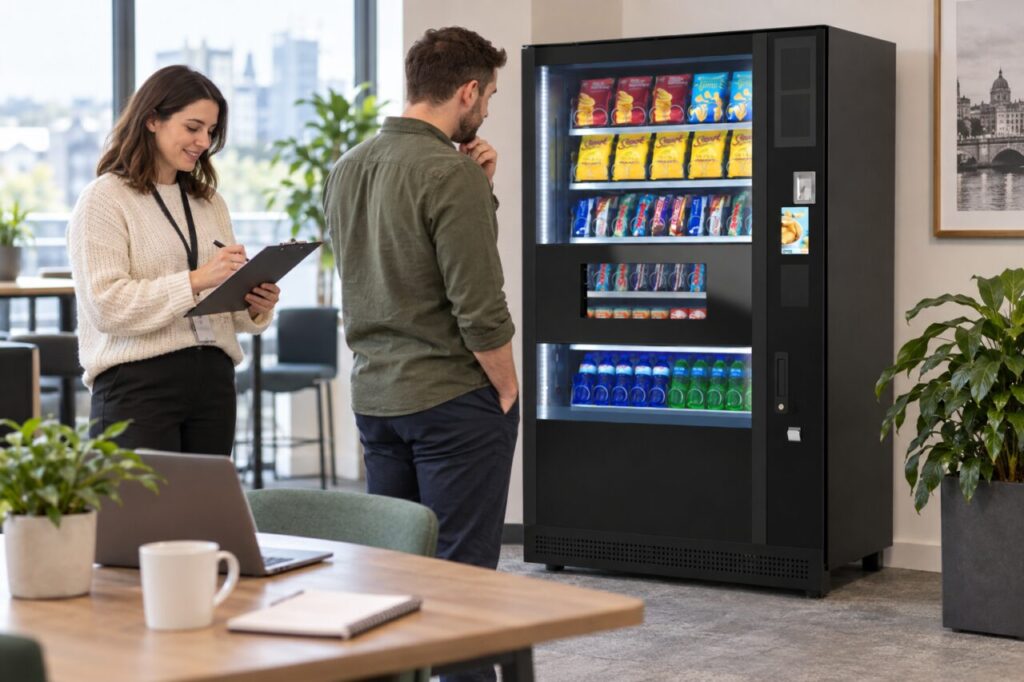 Office coordinator discusses a preference survey beside a stocked vending machine