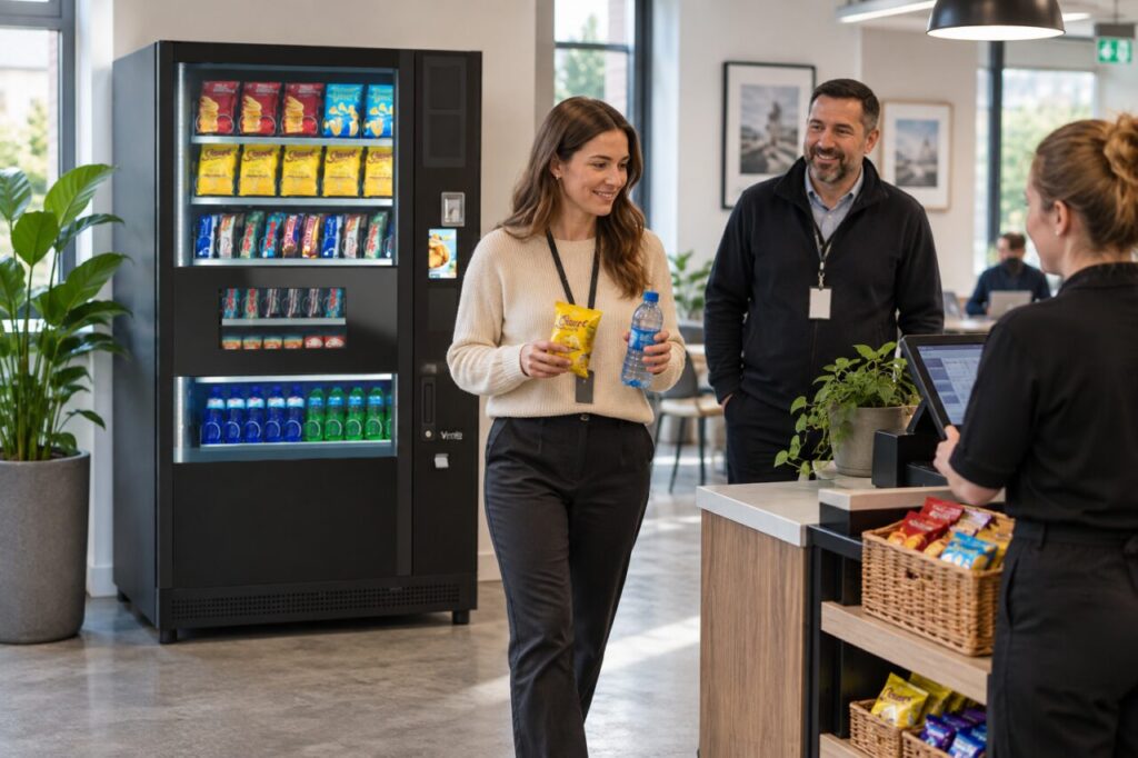 Customer tests a snack and drink purchase near a micro-market checkout and vending machine