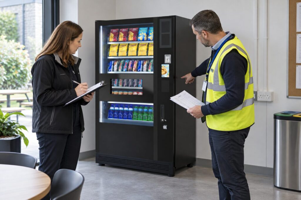 Facilities manager and supplier discuss utility responsibilities beside a vending machine