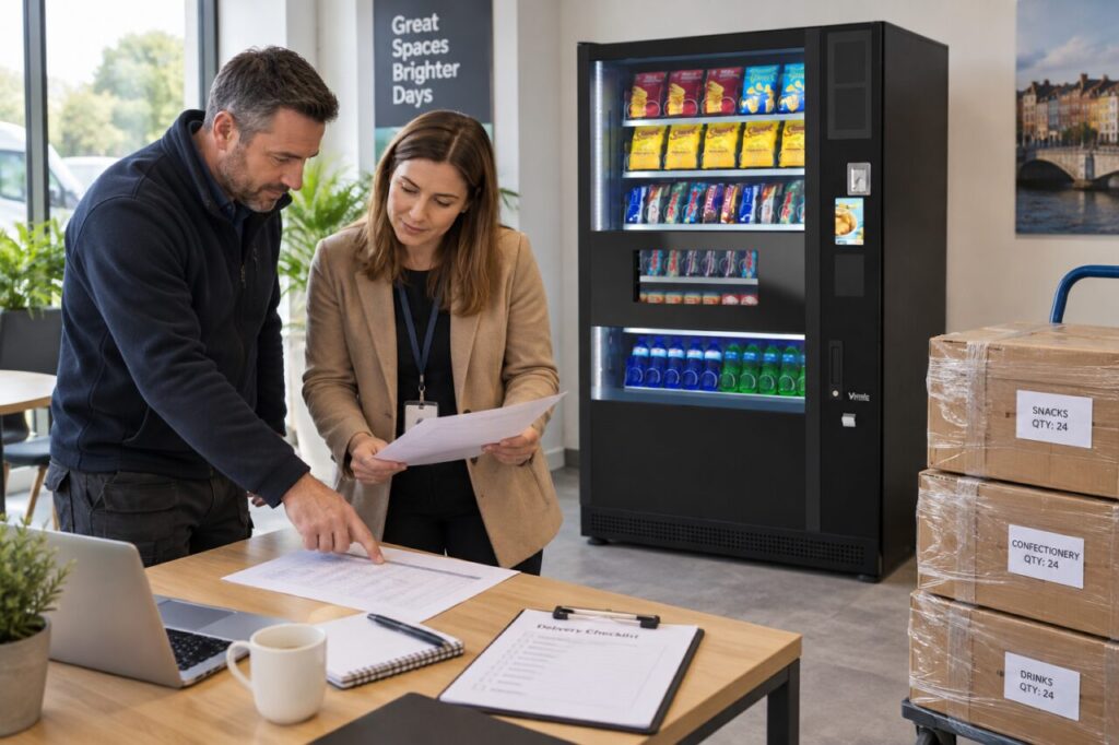 Owner reviews a launch budget beside a SandenVendo vending machine