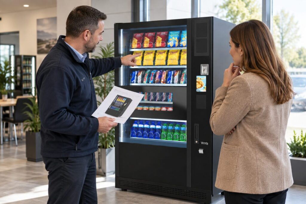 Buyer and supplier check a configuration diagram against a SandenVendo machine