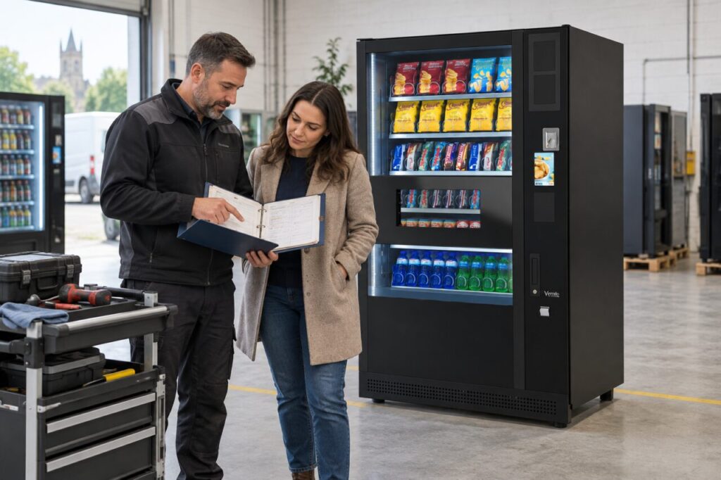 Technician reviews service records with a used vending machine buyer