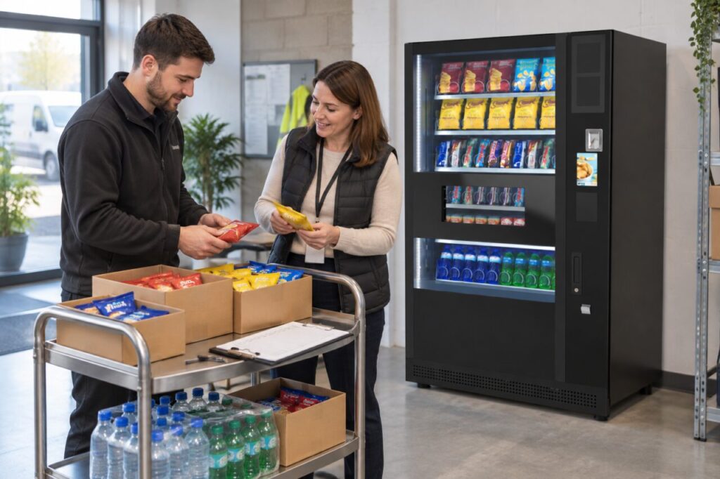Operator prepares opening supplies on a trolley beside a vending machine