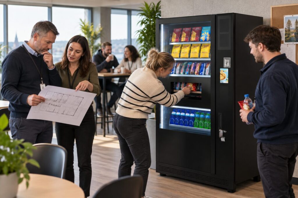 Manager reviews workplace growth while staff use a vending machine