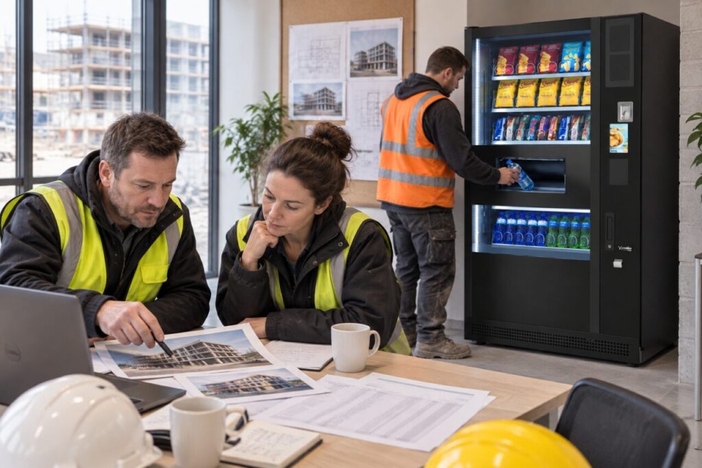 Two site managers compare building needs beside a vending machine