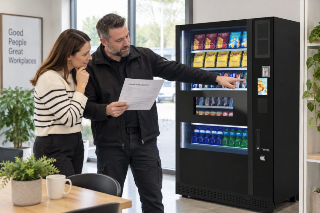 Business owner and supplier review end-of-term options beside a vending machine