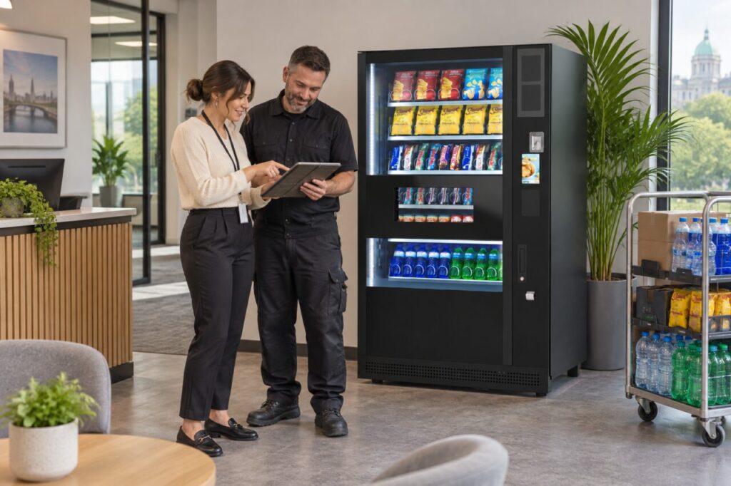 Receptionist and operator review a visit calendar beside a vending machine