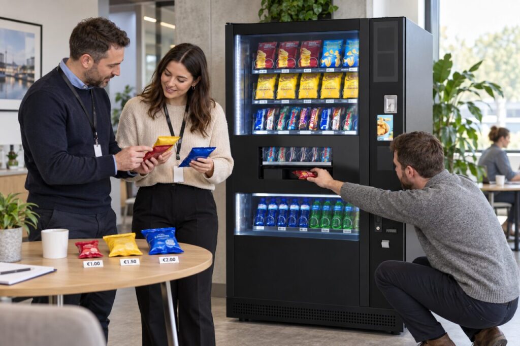 Buyer compares snack packs and price choices beside a vending machine