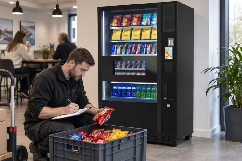 Operator records opening stock beside a vending machine
