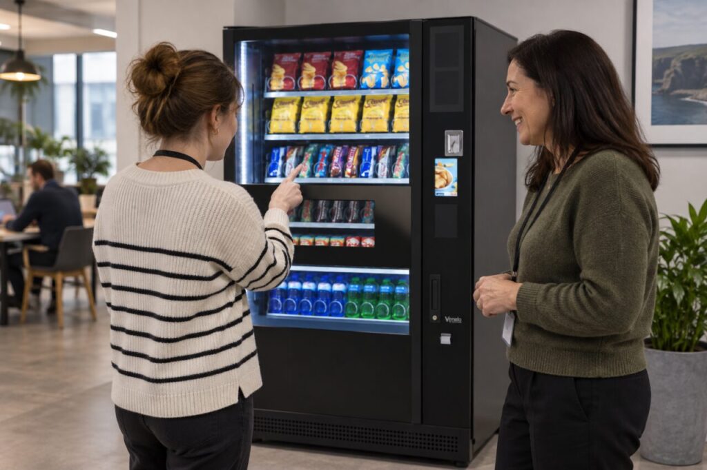 Experienced employee guides a new starter using office vending