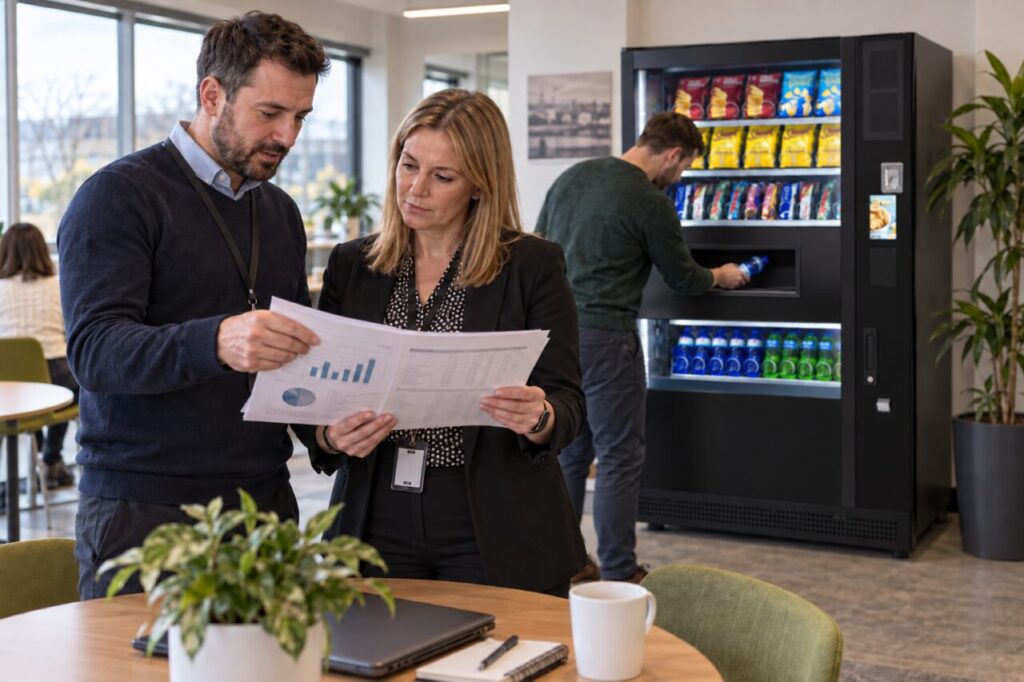 Managers review a subsidy report while an employee uses vending