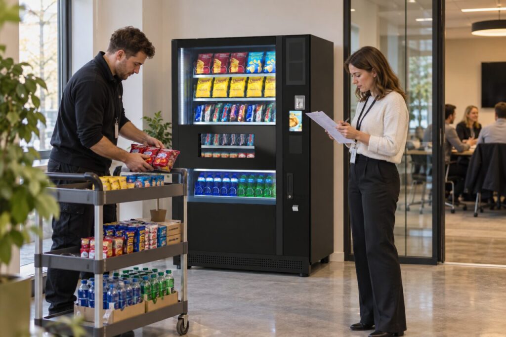 Operator prepares stock for an office event beside a vending machine