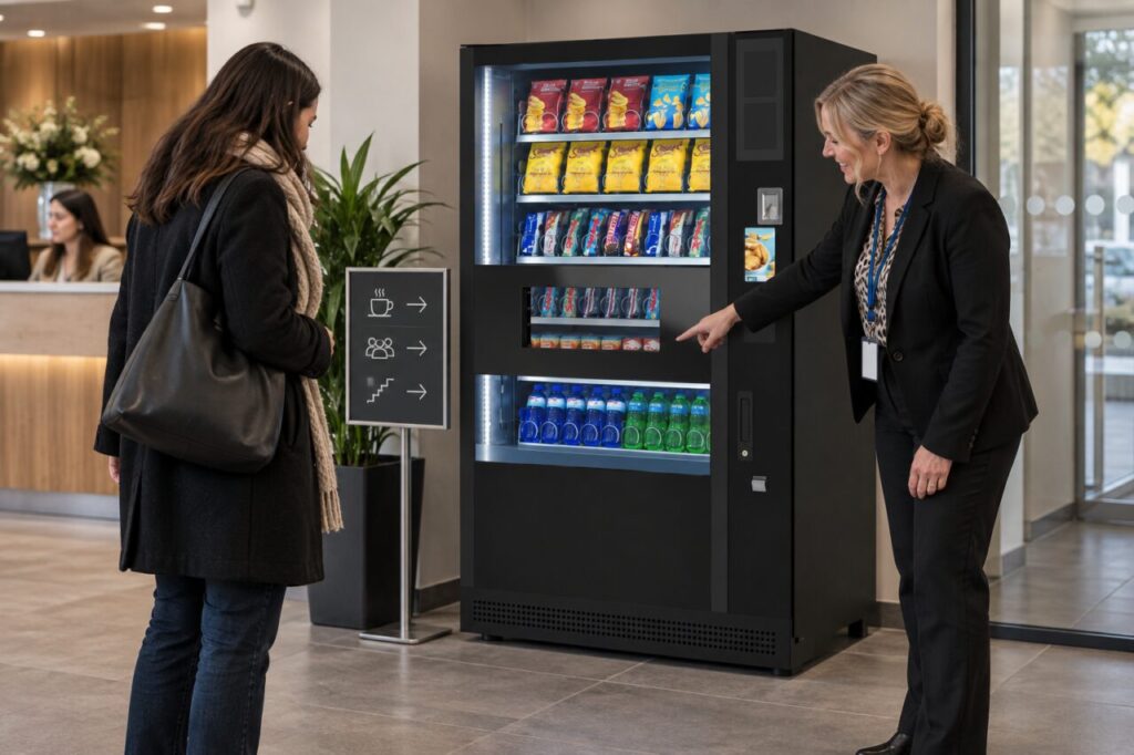 Receptionist helps a visitor find the vending collection point