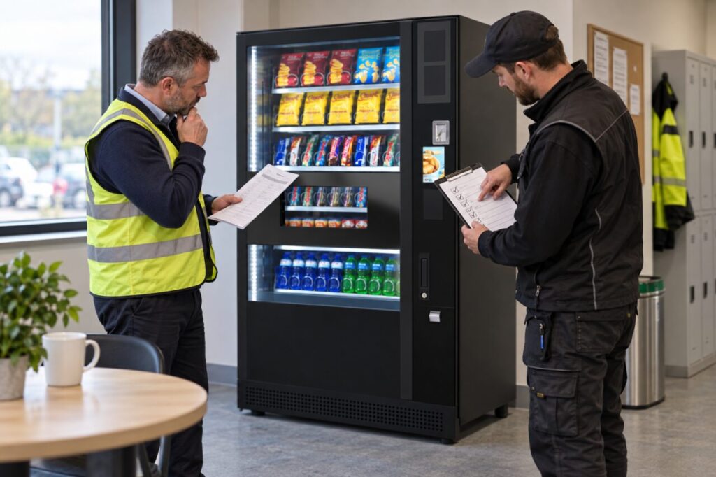 Site manager reviews a completed service note beside a replenished machine