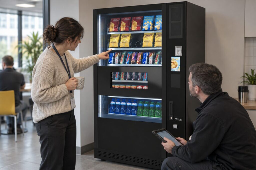 Customer and operator review an unavailable snack selection