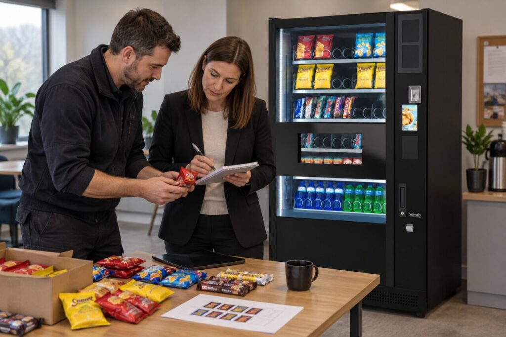 Manager reviews product allocation beside empty vending selections