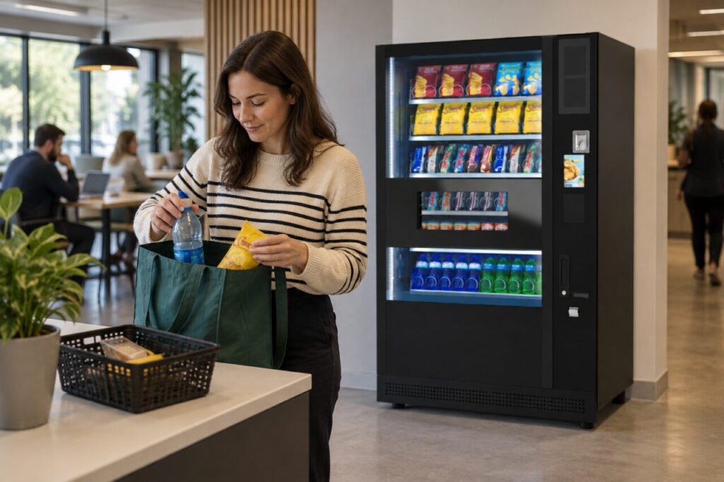 Customer bags paid products beside a micro-market checkout and vending machine