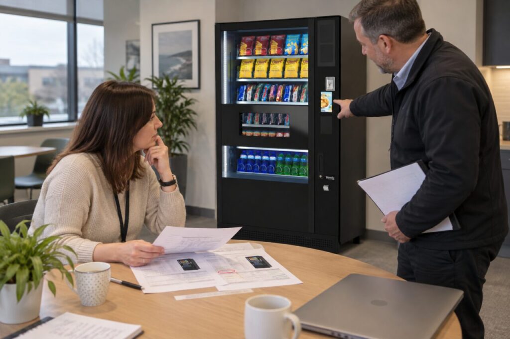 Buyer compares revised quotations beside the proposed vending machine