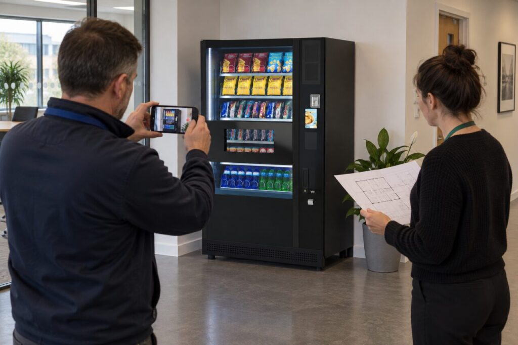 Facilities manager films a site briefing beside a vending machine