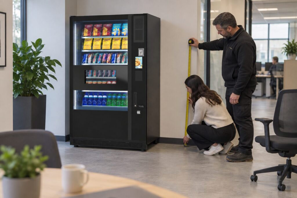 Designer reviews furniture clearance beside a vending machine