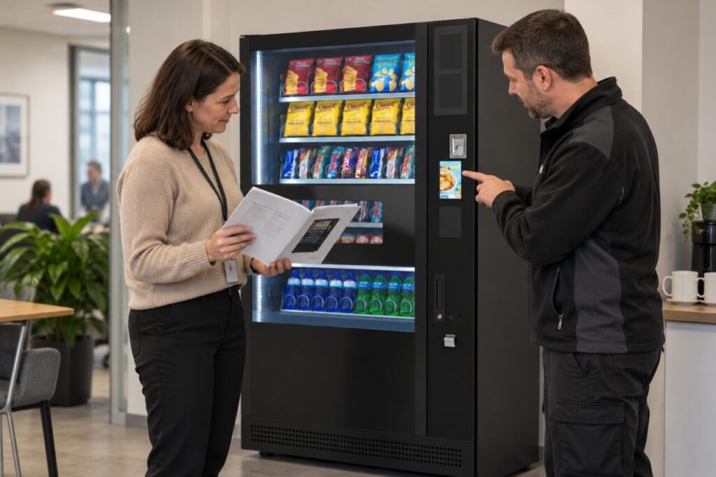 Technician explains equipment documents beside the matching vending machine