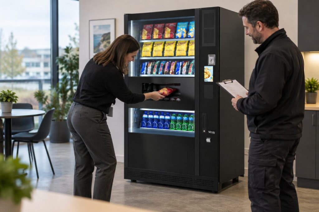 Customer collects a snack during a vending demonstration