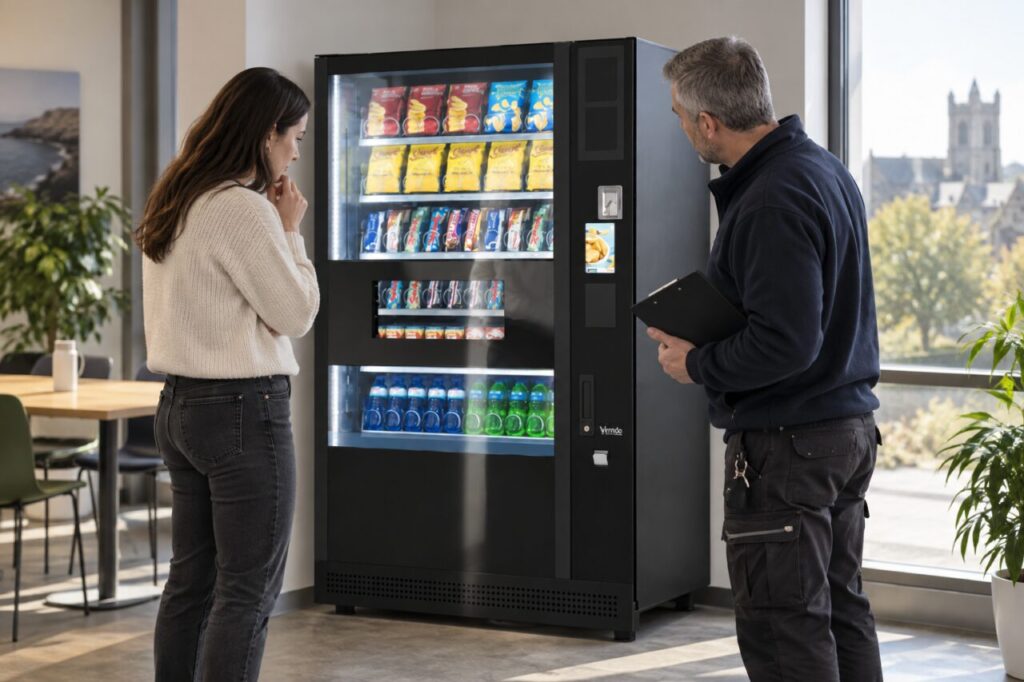 Customer checks product visibility through a vending display