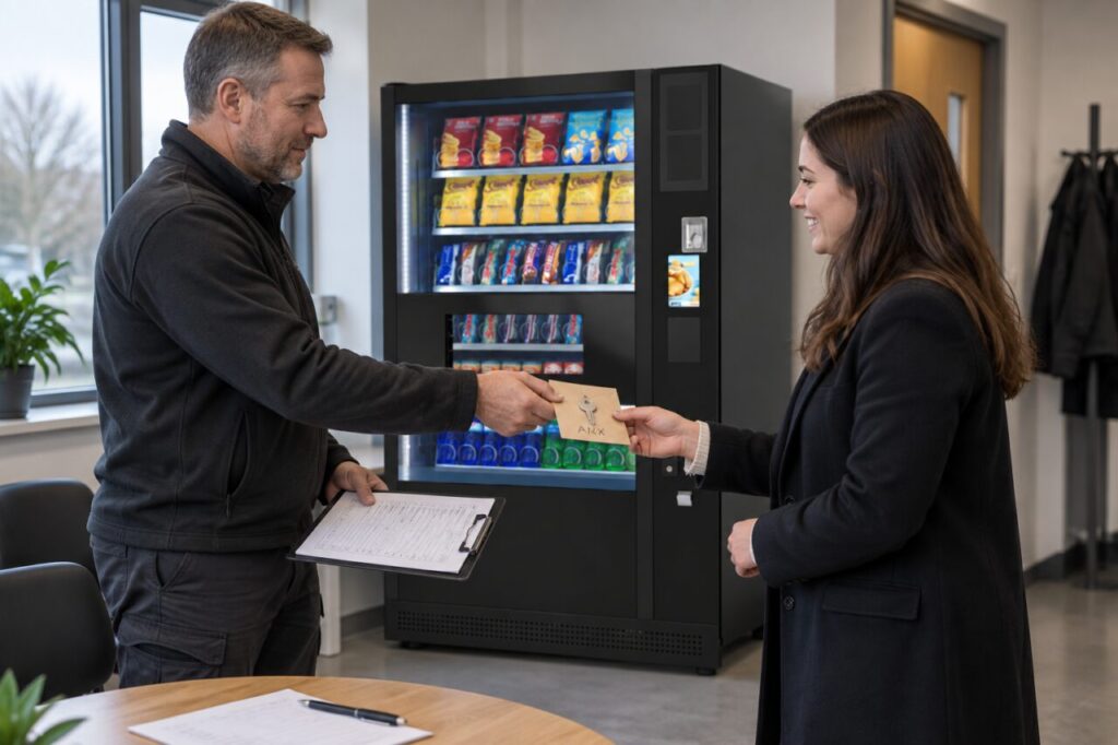 Seller hands a key envelope to a buyer beside a vending machine