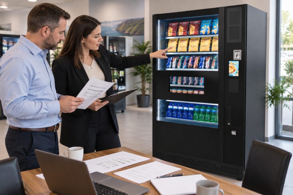 Purchasing managers compare a proposal scorecard beside a vending machine