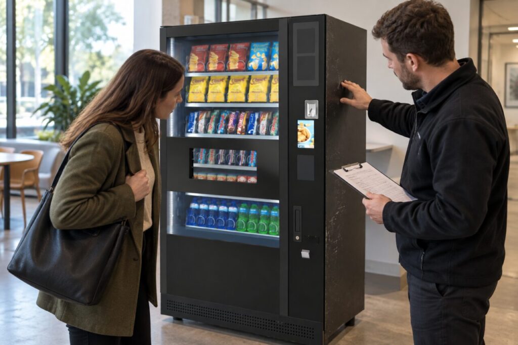 Buyer reviews refurbishment work beside a used vending machine