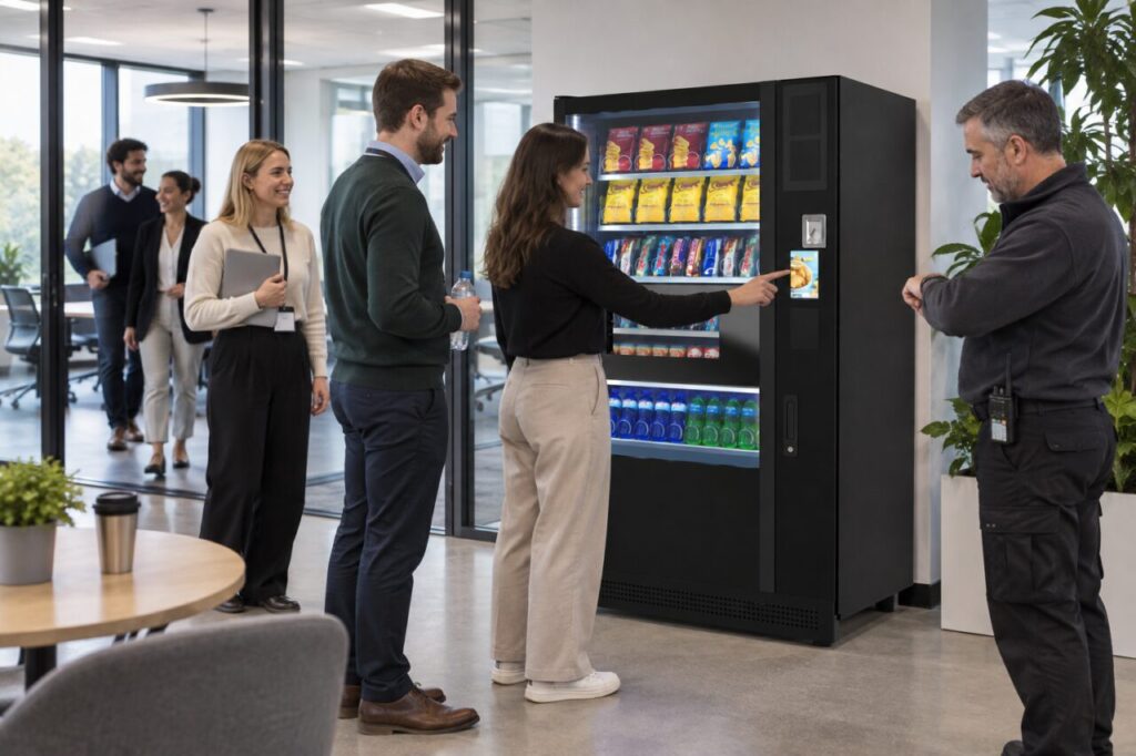 Office employees use vending during a concentrated meeting break