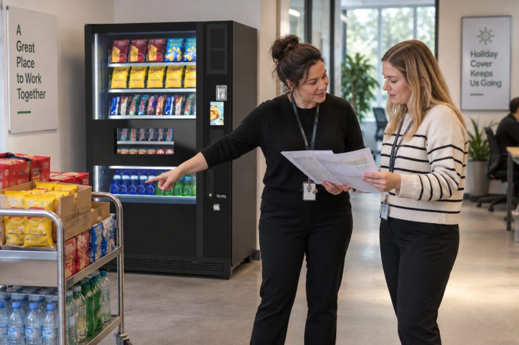 Site contacts hand over a vending visit schedule before holiday cover