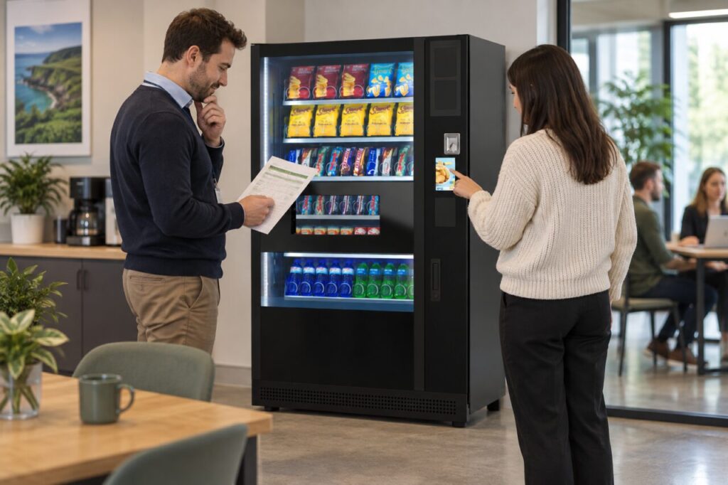 Manager reviews a staff allowance plan while an employee uses vending