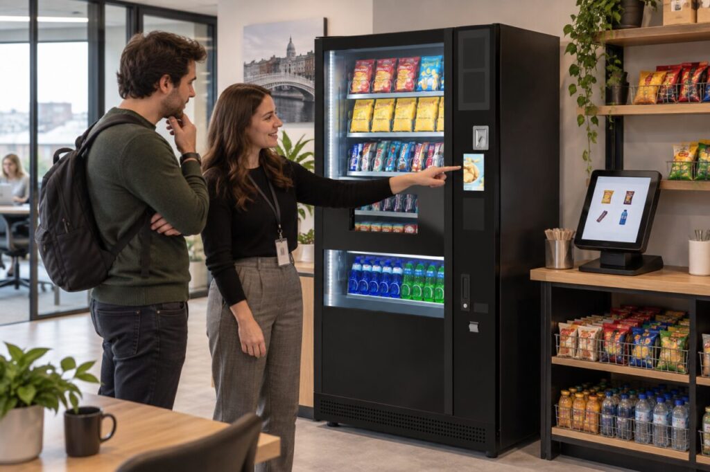 Host explains a micro-market checkout beside the separate vending machine