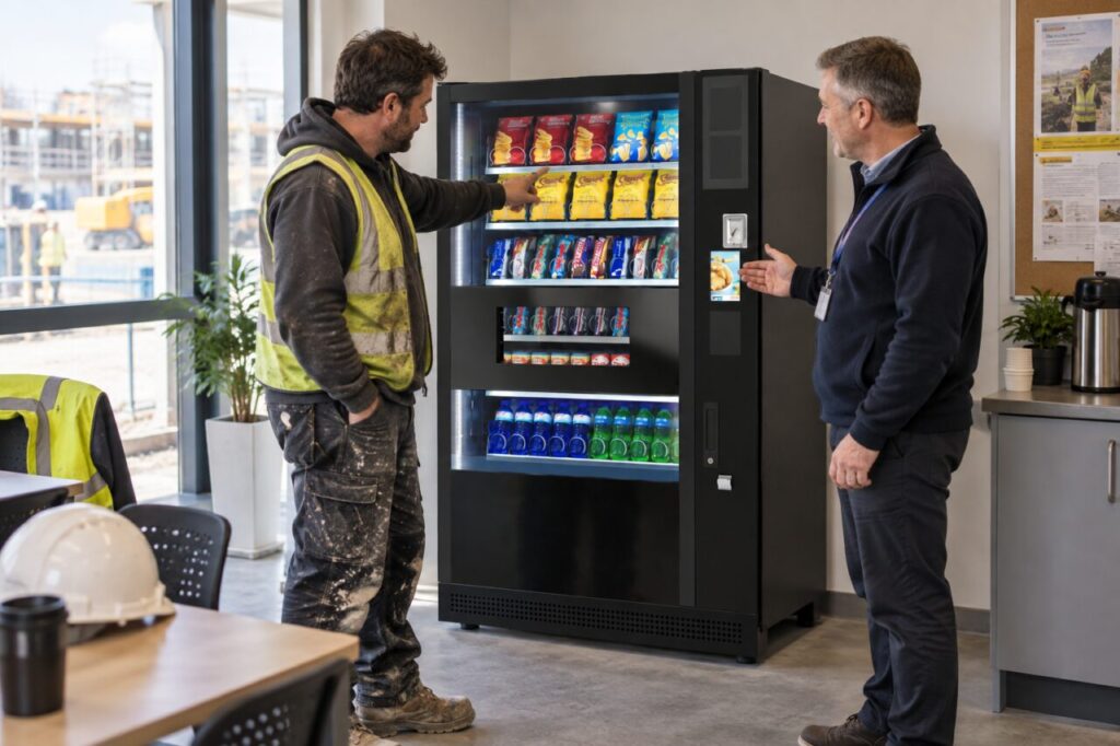 Workplace host introduces a visiting contractor to the vending service