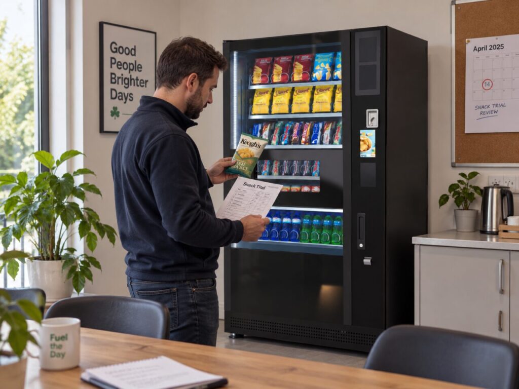 Operator compares a new snack sample with the current vending range