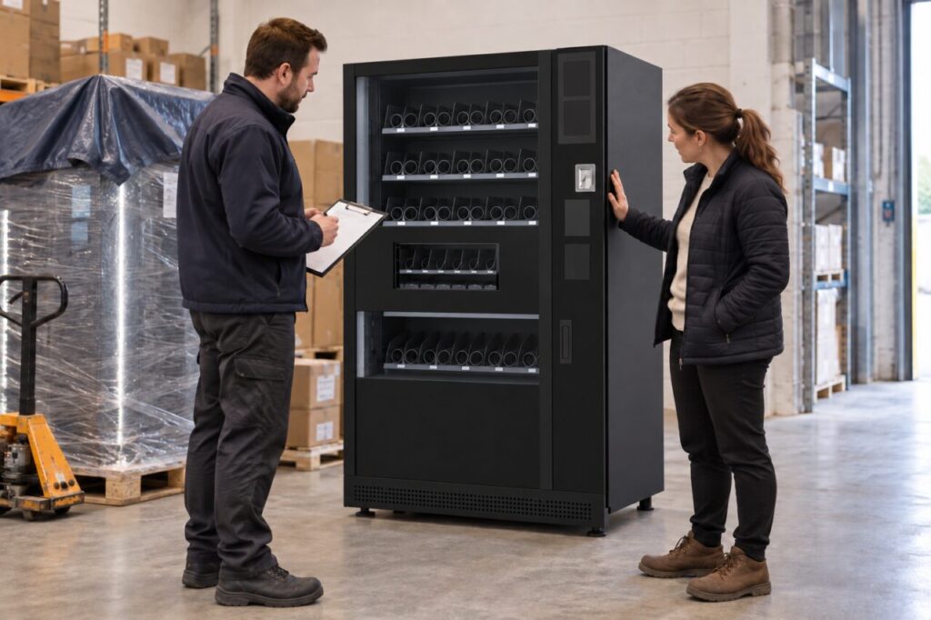 Buyer and warehouse colleague review a machine awaiting installation