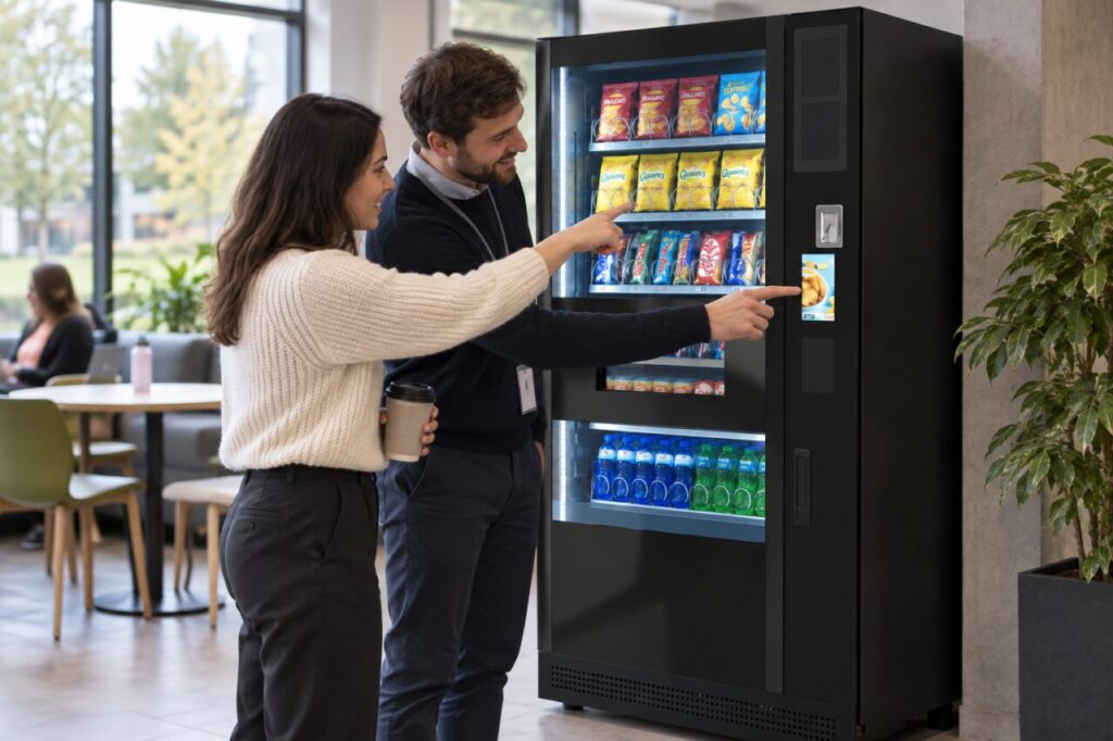 Customer checks selection identifiers against products in a vending machine