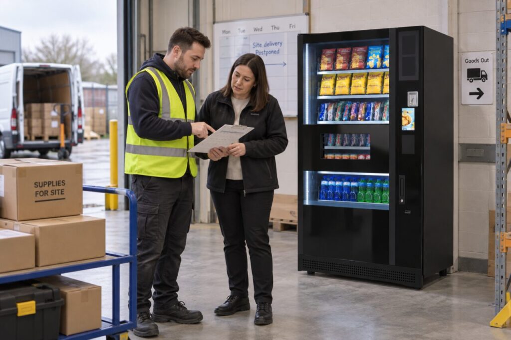 Coordinator reviews a delayed delivery calendar beside a vending machine