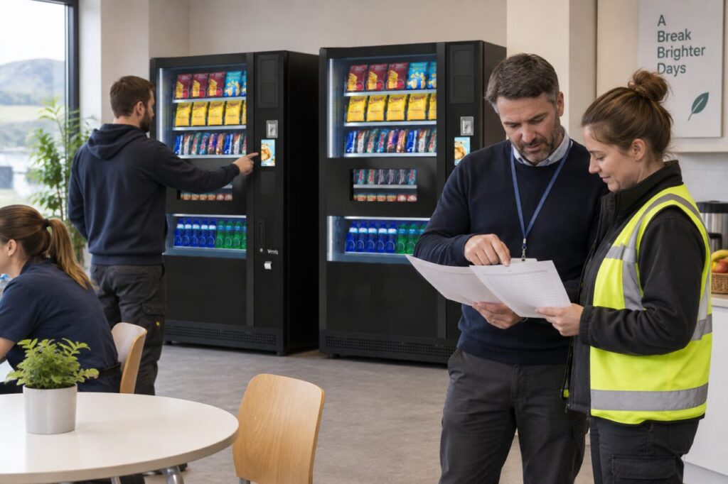Managers compare product prices beside workplace vending machines