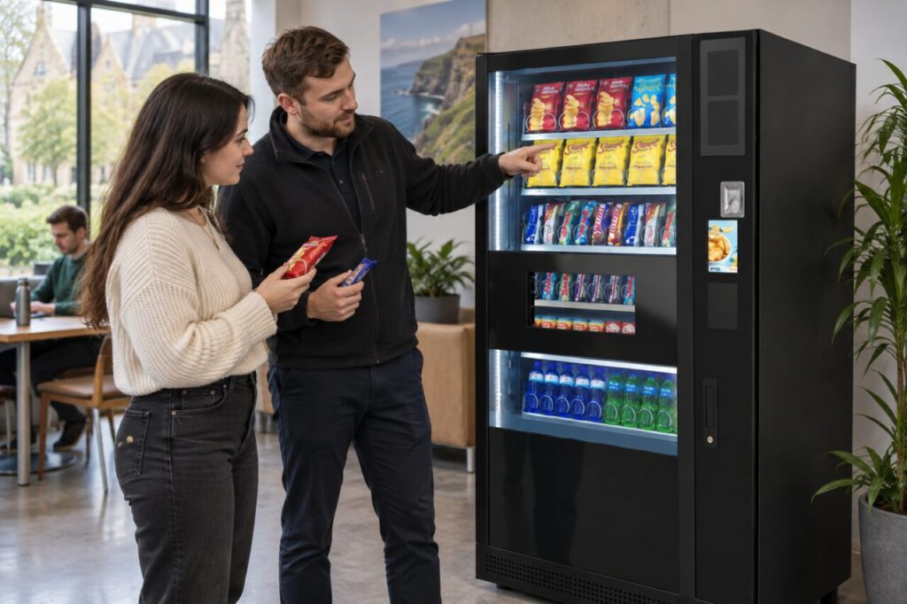Buyer compares snack samples with the products in a vending machine