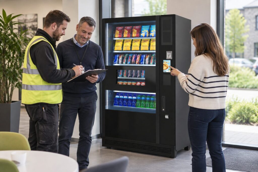 Installer and site manager review outstanding handover items beside vending
